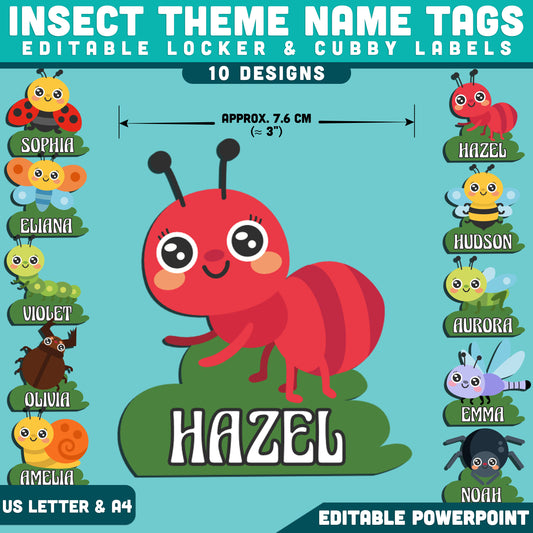 Insect Classroom Name Tags, Printable Student Space Decor, Editable Locker & Cubby Labels, 10 Designs, PowerPoint Template