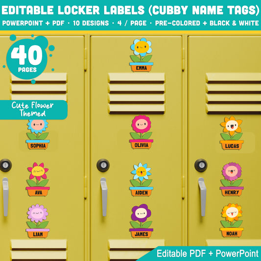 Editable Locker Labels (Cubby Name Tags), Cute Flower Theme, 40 Pages, Pre-Colored + Black & White, PDF + PowerPoint, Perfect Back to School Craft