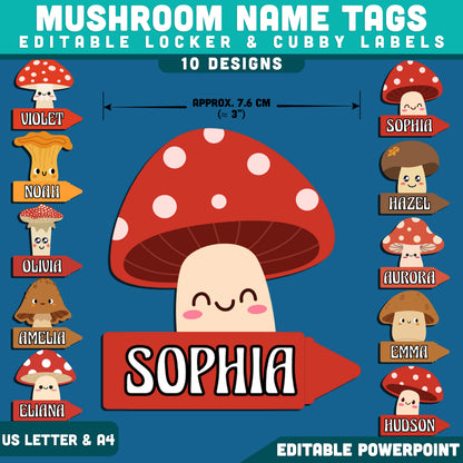 Mushroom Name Tags, Editable Locker & Cubby Labels, Whimsical Woodland Theme, PowerPoint Template, 10 Designs, Classroom Setup, US Letter, A4