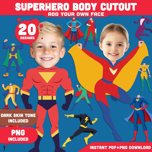 Printable Superhero Body Templates – 20 Add-Your-Face Cutouts for Pre-K, Preschool, and Kindergarten Craft Fun, Light + Dark Skin Tone, Instant PDF + PNG Download