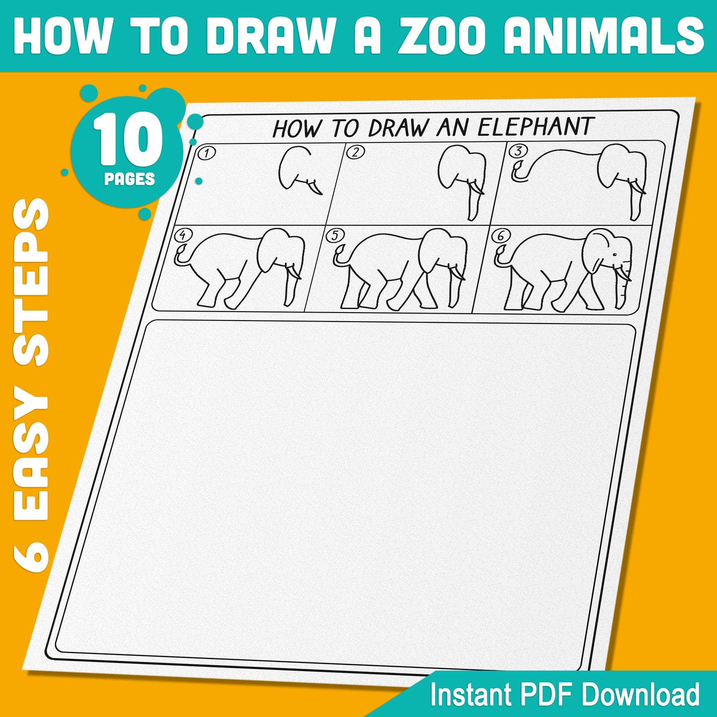 Step-by-Step Zoo Animal Drawing for Kids: 5 Pages of Fun with 5 Coloring Pages Featuring Polar Bear, Rhino, Hippo, Elephant, Lion, PDF File, Instant Download