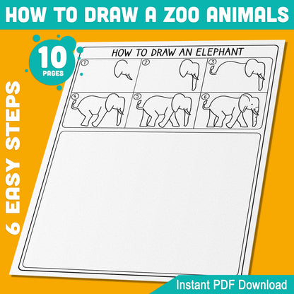 Step-by-Step Zoo Animal Drawing for Kids: 5 Pages of Fun with 5 Coloring Pages Featuring Polar Bear, Rhino, Hippo, Elephant, Lion, PDF File, Instant Download