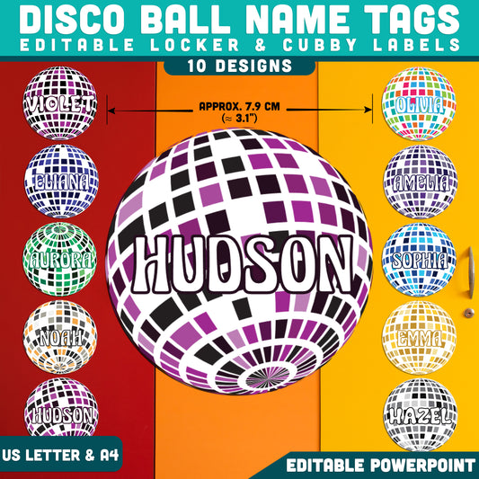 Disco Ball Name Tags, Editable Locker & Cubby Labels, Bright Classroom Decor, Retro PowerPoint Templates, 10 Designs, Instant Download