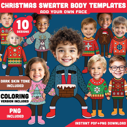 Christmas Sweater Body Templates – Ugly Sweater Add Your Face Craft for Kids, Winter Classroom Craft, Coloring Version Included