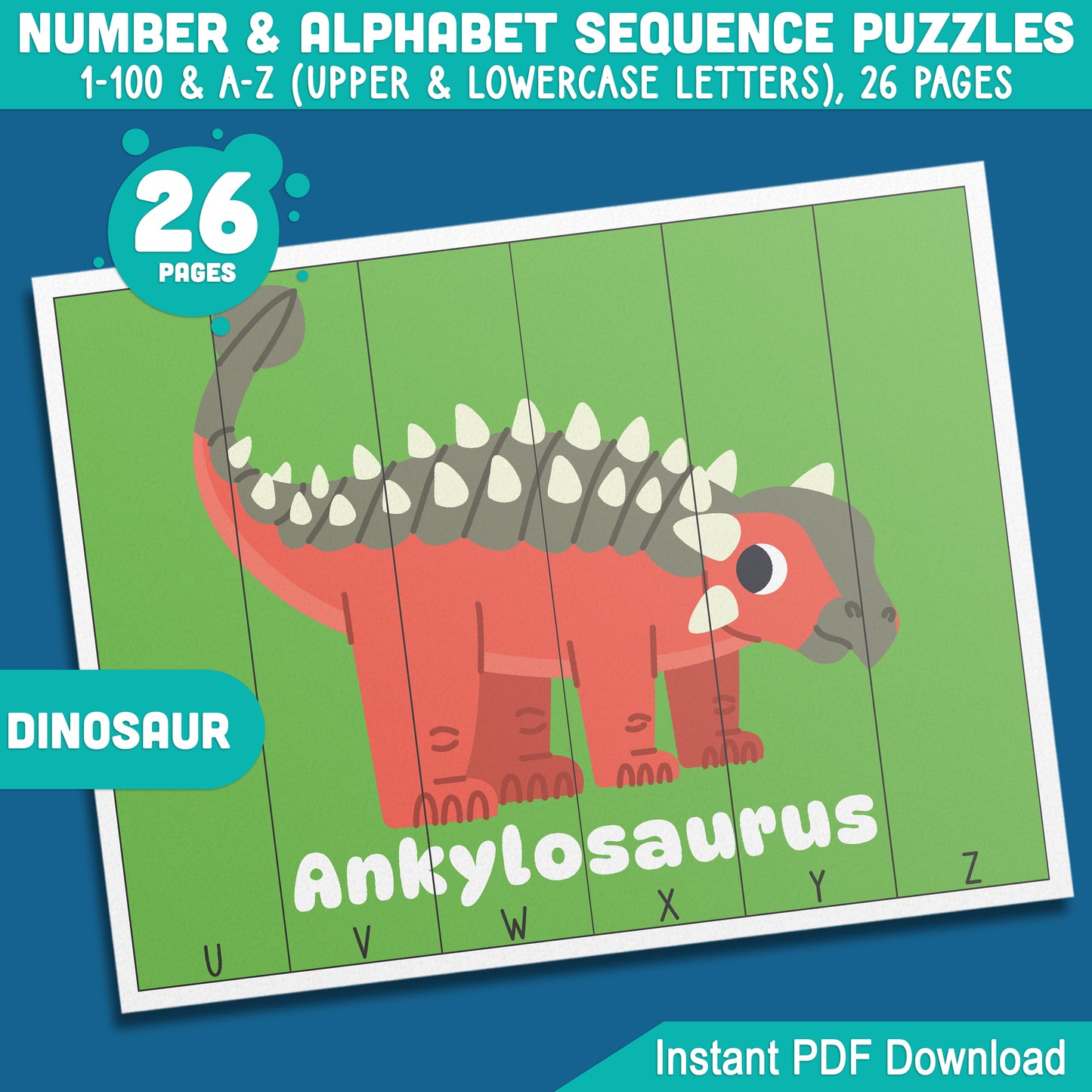 Dinosaur Number and Alphabet Sequence Puzzles: 1-100 Counting and A-Z Sequencing for Toddlers, Preschool, and Kindergarten, Printable PDF for Math Centers