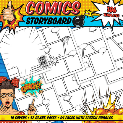 Comic Storyboard: 106 Templates, 10 Covers, 32 Blank Pages, 64 Pages with Speech Bubbles, PDF Instant Download