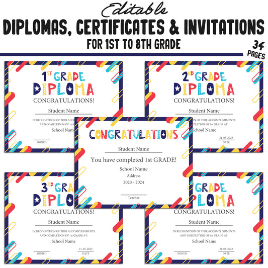 Editable 6th Grade Diplomas, 1st-8th Grade Certificates & Invitation Templates in Abstract Theme - 34 Pages, PDF Instant Download