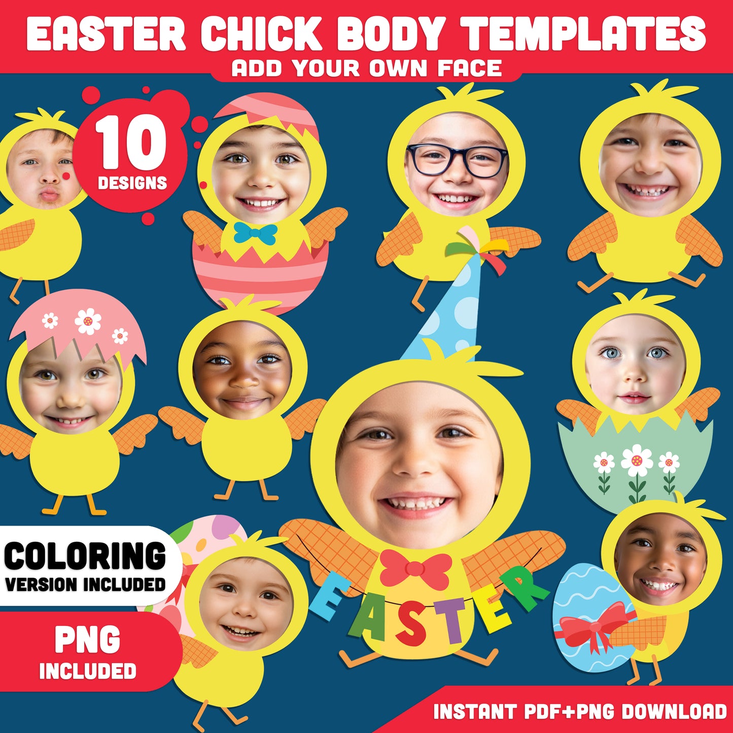 Easter Chick Body Templates Add Your Own Face Craft | Coloring Version Included | High-Resolution PDF + PNG Files for Bulletin Boards & Parties