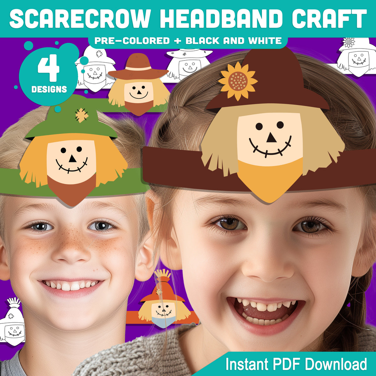 Scarecrow Headband Craft, Fall Paper Hat Activity, Printable Crown, Pre-Colored & Black and White, Autumn Craft for Kids, 4 Designs, A4, US Letter