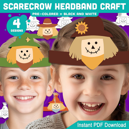 Scarecrow Headband Craft, Fall Paper Hat Activity, Printable Crown, Pre-Colored & Black and White, Autumn Craft for Kids, 4 Designs, A4, US Letter