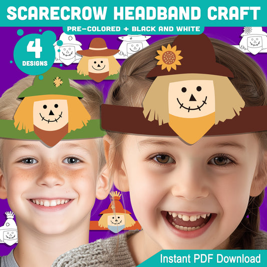 Scarecrow Headband Craft, Fall Paper Hat Activity, Printable Crown, Pre-Colored & Black and White, Autumn Craft for Kids, 4 Designs, A4, US Letter