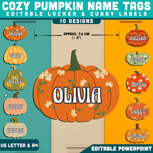 Cozy Pumpkin Name Tags, Editable Autumn Classroom Labels, Fall Student Decor for Desks, Lockers & Cubby Spaces, 10 Designs, US Letter & A4
