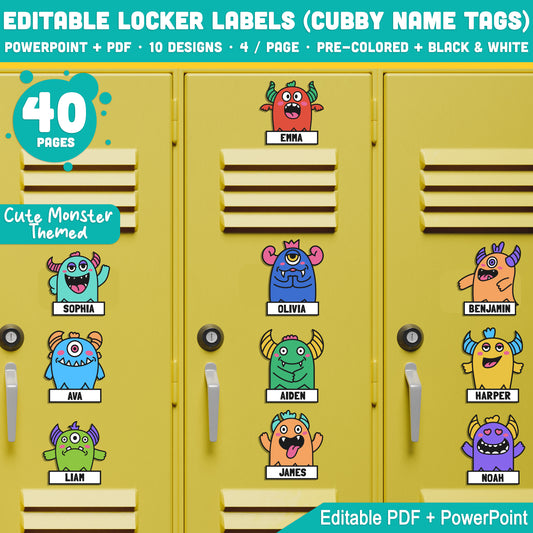 Editable Locker Labels for Kids, Cute Monster Themed Cubby Name Tags, PDF + PowerPoint, 40 Pages, Instant Download with Fun Color Options
