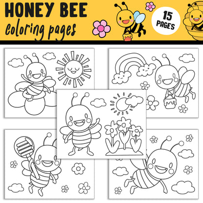 15 High-Resolution Cute Honey Bee Coloring Pages: Easy and Fun for Toddlers, PreK, and Kindergarten, Instant PDF Download