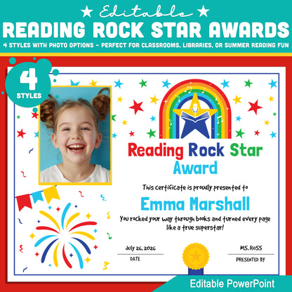 Editable Reading Rock Star Awards – 4 Fun Styles with Photo Options – Classroom, Library & Summer Reading Certificates, Instant Download