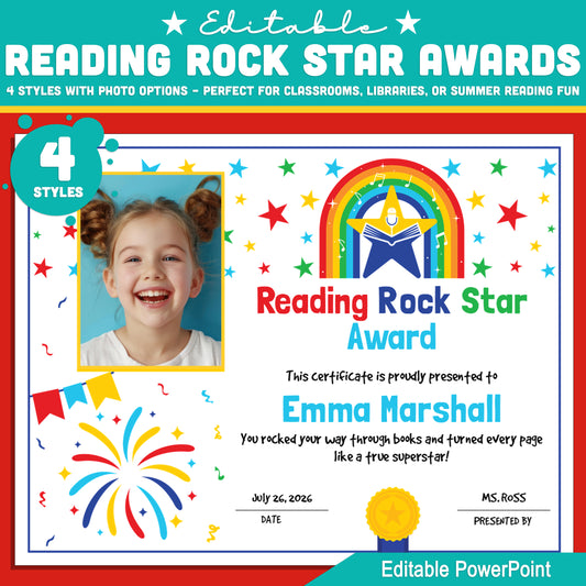Editable Reading Rock Star Awards – 4 Fun Styles with Photo Options – Classroom, Library & Summer Reading Certificates, Instant Download
