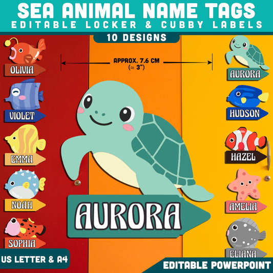 Sea Animal Name Tags, Editable Locker & Cubby Labels, Student Space Decor, PowerPoint Template, 10 Designs, Classroom Labels, US Letter, A4