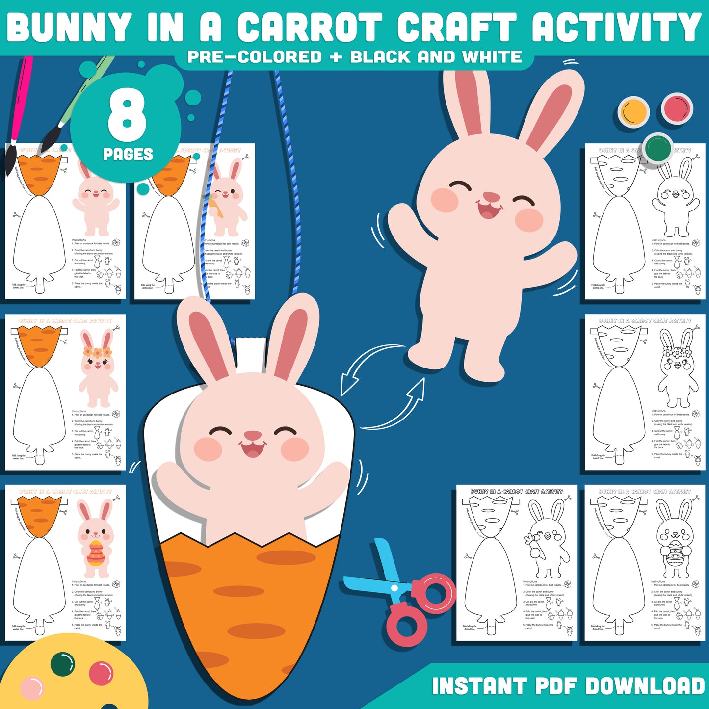 Bunny in a Carrot Craft Activity Printable, Spring Easter Bunny Hatching Craft Template, Cut and Paste Bunny Craft, 4 Designs, 300 DPI PDF