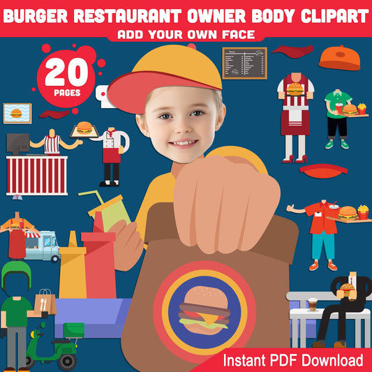 Kids’ Burger Chef & Restaurant Owner Clipart: 20 Printable Cutouts, Add Your Face for Fun Role Play, DIY Fast-Food Drama, Instant Download