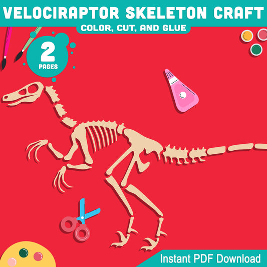 Velociraptor Skeleton Craft, Dinosaur Skeleton Printable, Color, Cut and Paste Project, Pre-Colored & Black and White, US Letter, A4