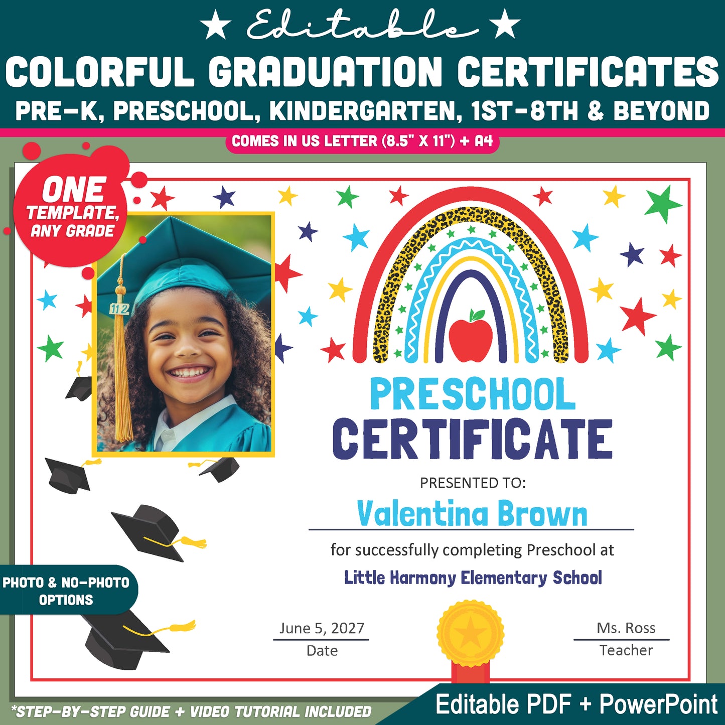 Editable Colorful Graduation Certificates, Bright Student Award Templates, PDF and PowerPoint, Photo and No-Photo Styles