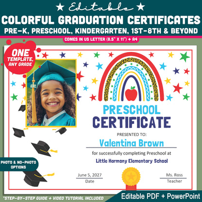 Editable Colorful Graduation Certificates, Bright Student Award Templates, PDF and PowerPoint, Photo and No-Photo Styles