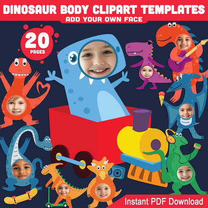 Dinosaur Body Clipart Templates: Add Your Photo Face for a Fun Dino-Themed Craft, 20 Printable Cutouts for Kids’ DIY Art Activity, PDF Instant Download