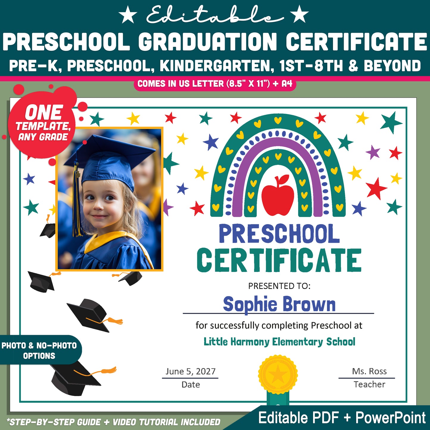 Editable Preschool Graduation Certificate, Printable Rainbow and Star Awards, Diploma or Certificate, PDF and PowerPoint, Photo Options