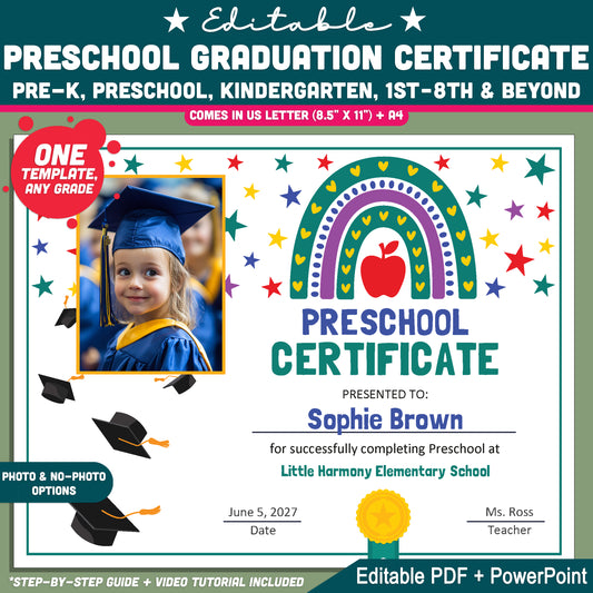 Editable Preschool Graduation Certificate, Printable Rainbow and Star Awards, Diploma or Certificate, PDF and PowerPoint, Photo Options