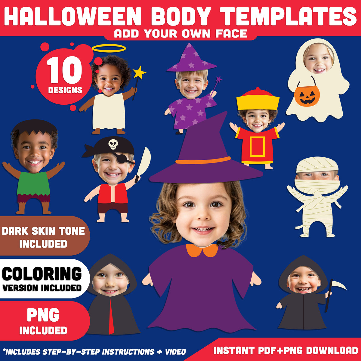 Halloween Face Templates, Personalized Character Craft, 10 Designs, Light & Dark Skin, High-Resolution PDF + PNG, Coloring Version Included, Fall Fun