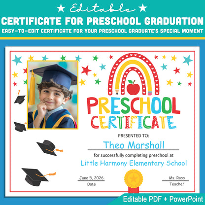 Personalized Preschool Moving Up Certificate with Student Photo – Rainbow Graduation Template Editable in PowerPoint, PDF Download for Teachers