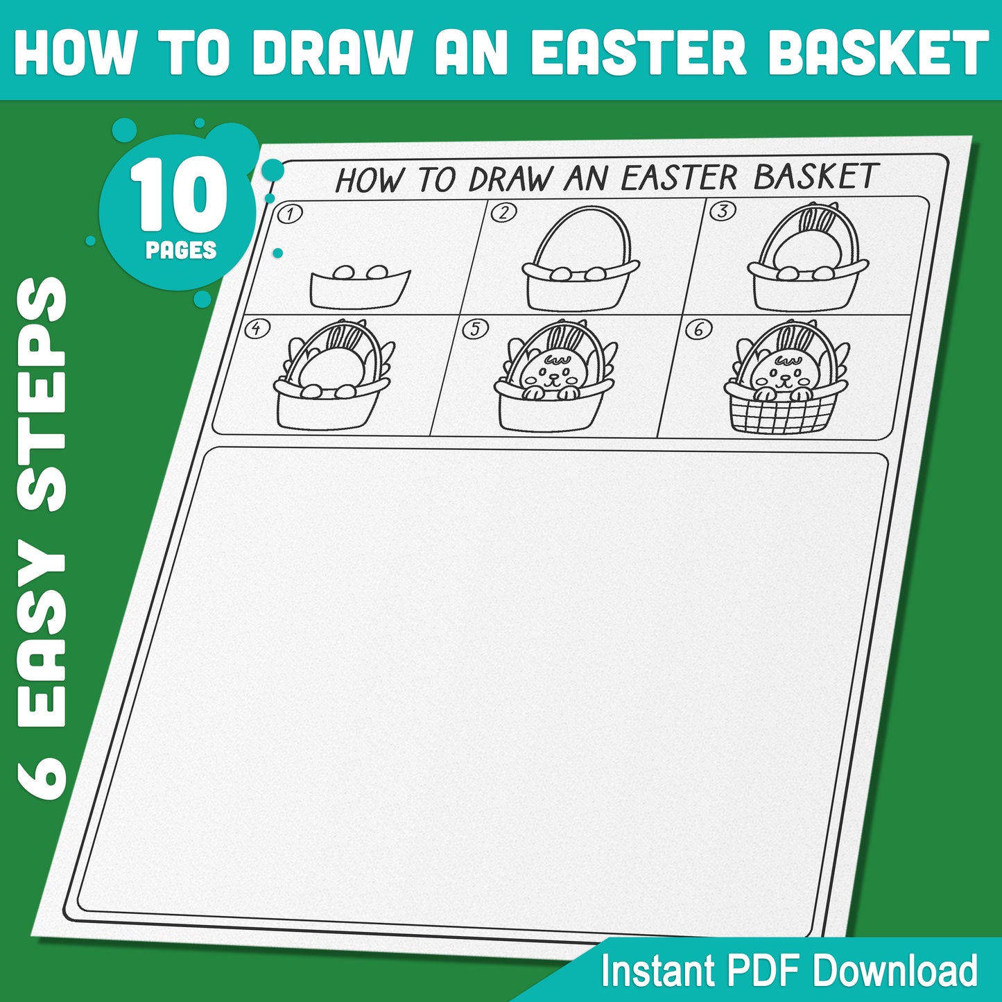 How to Draw an Easter Basket: 5 Easy Tutorials + 5 Fun Coloring Pages, Step-by-Step Art Activities for Kids and Beginners, Instant PDF Download