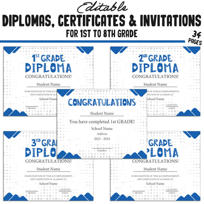 34 First Grade Achievement Diplomas, 1st-8th Grade Certificates, and Invitation Templates in a Modern Blue Theme, PDF Instant Download.