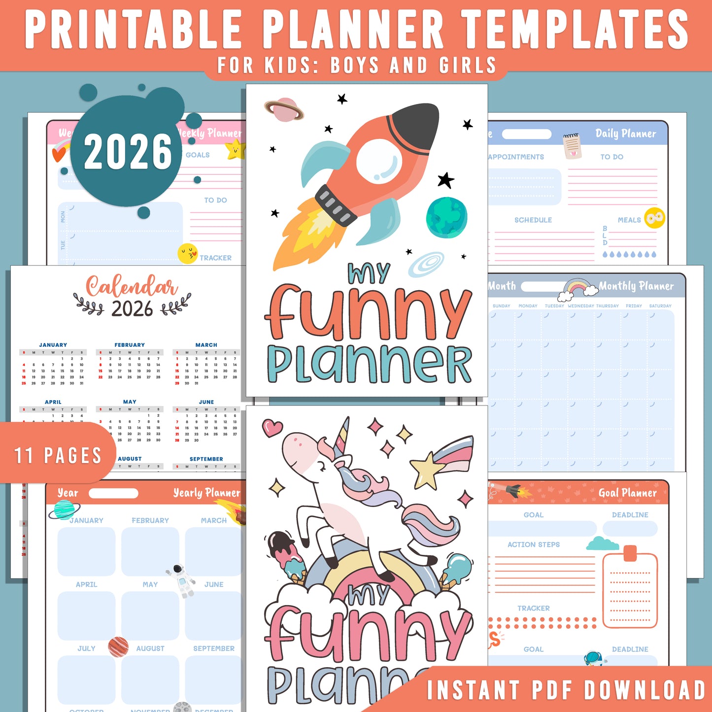 2026 Kids Printable Planner: Fun Goal Tracker, Calendar, To-Do List, Daily/Weekly/Monthly Pages for Boys & Girls, Habit Tracker, PDF Instant Download.