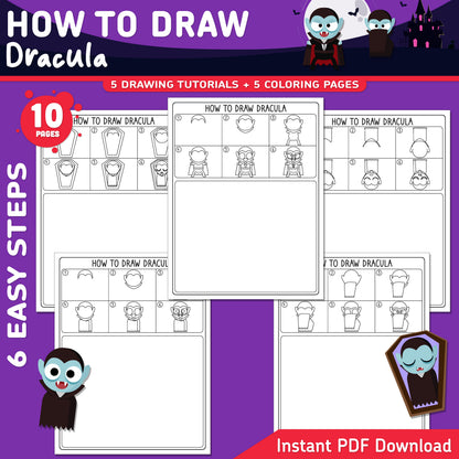 How to Draw Dracula, Halloween Directed Drawing, Step-by-Step Vampire Lesson, 6 Easy Steps, 5 Practice Pages, 5 Coloring Pages, PDF Download