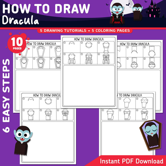 How to Draw Dracula, Halloween Directed Drawing, Step-by-Step Vampire Lesson, 6 Easy Steps, 5 Practice Pages, 5 Coloring Pages, PDF Download
