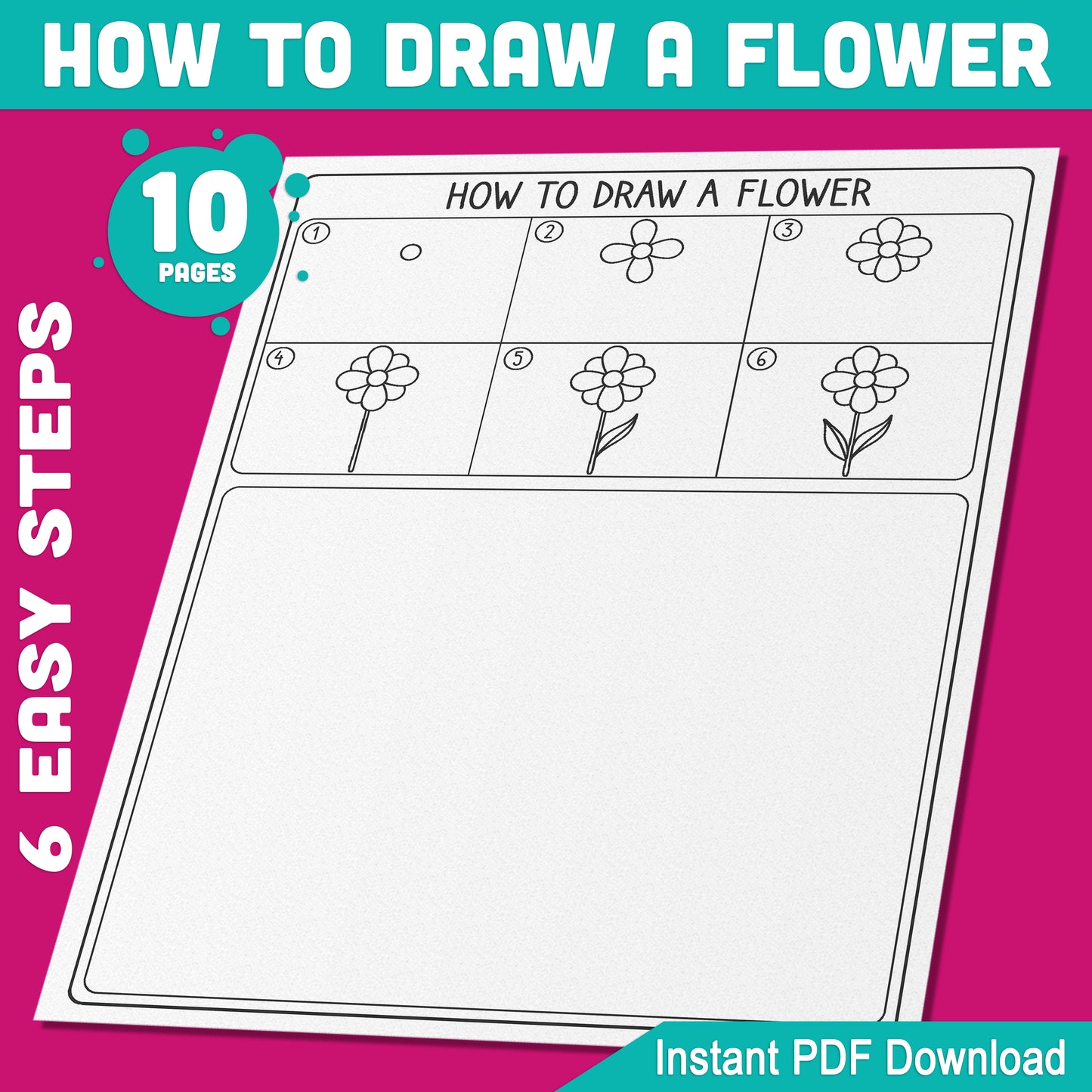 Kids' Flower Drawing Guide: Fun and Easy Step-by-Step Tutorial with 5 Coloring Pages, Perfect for Home or Classroom Art Projects, Instant PDF