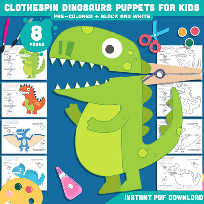 Kids’ Dinosaur Clothespin Puppet Craft, 8 Pages with 4 Exciting Designs, Pre-Colored & Black and White, Great for Dramatic Play, PDF Instant Download