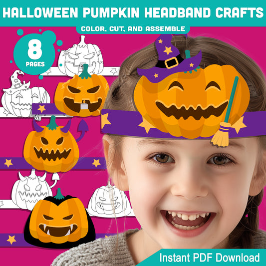 Halloween Pumpkin Headband Crafts for Kids – 4 Fun Designs, Pre-Colored & Black and White, Perfect Preschool, Pre-K, Kindergarten Drama Activity