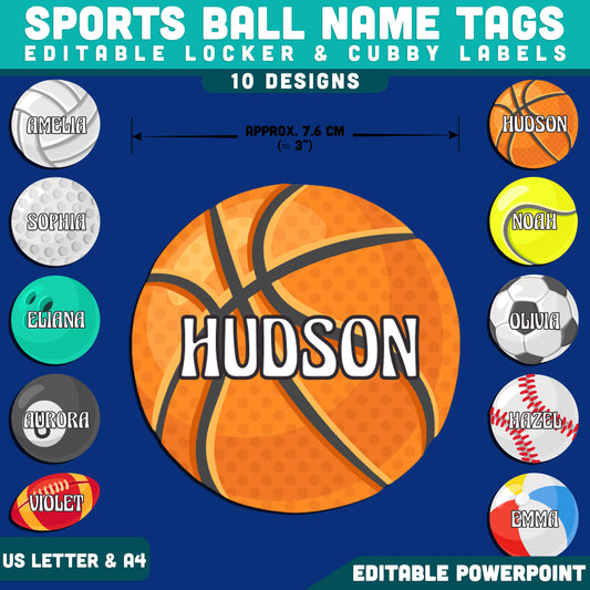 Sports Theme Name Tags, Printable Student Desk & Cubby Labels, Editable PowerPoint, 10 Ball Designs, Classroom Organization