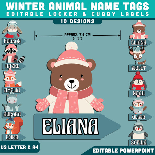 Winter Animal Name Tags, Editable Locker & Cubby Labels, Whimsical Seasonal Classroom, PowerPoint Template, 10 Designs, Student Organization, US Letter