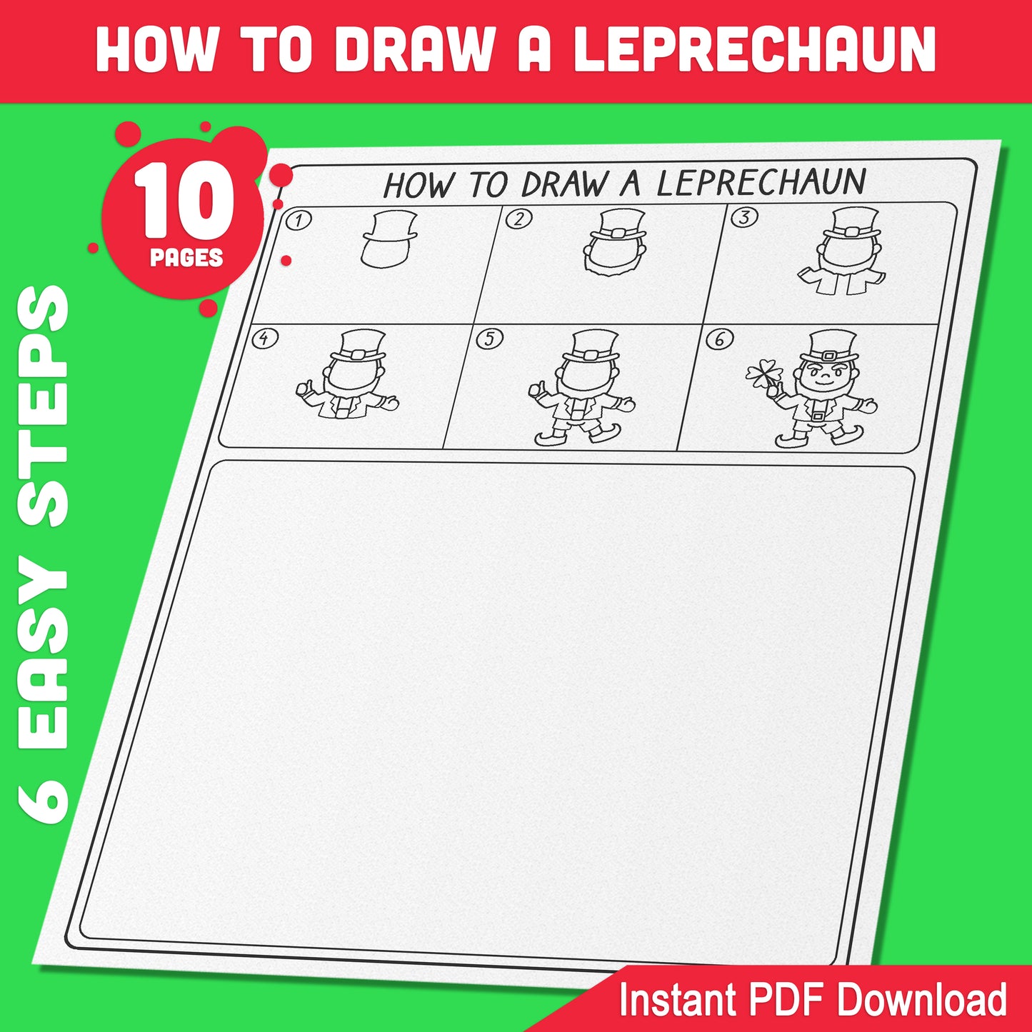 Step-by-Step Leprechaun Drawing: 5 Pages with 5 Coloring Activities for Creative Kids, Perfect for St. Patrick’s Day Art in Classrooms or at Home.