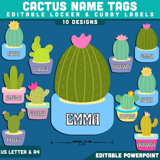 Cactus Name Tags, Editable Locker & Cubby Labels, Printable Classroom Organization, Editable PowerPoint, 10 Charming Designs, US Letter, A4