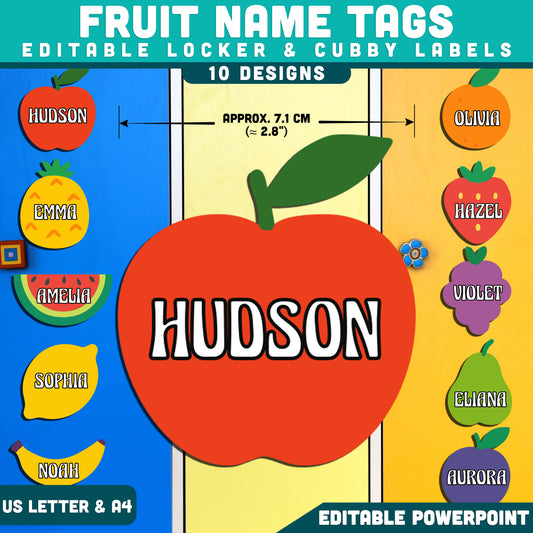 Fruit Name Tags, Editable Locker & Cubby Labels, Printable Classroom Organization, Editable PowerPoint, 10 Bright Designs, US Letter, A4