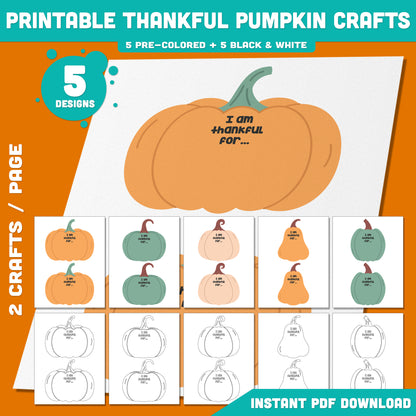 Printable Thankful Pumpkin Crafts – 5 Cute Designs (Pre-Colored + Black & White), Thanksgiving Gratitude and Fall Coloring Activity for Kids, PDF Instant Download