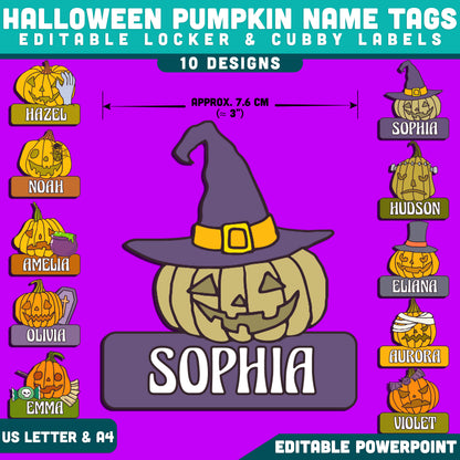 Halloween Pumpkin Name Labels, Autumn Classroom Organization, Editable Fall Student Desk & Locker Decor, 10 Designs, US Letter & A4, PowerPoint