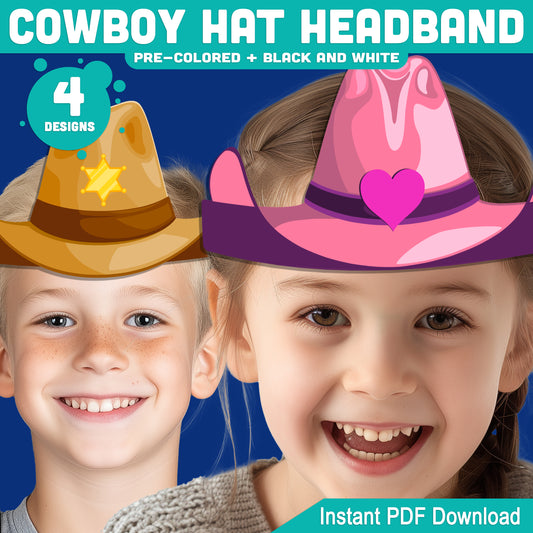 Cowboy Hat Headband Craft, Wild West Paper Crown Template, Wearable Cowgirl & Cowboy Coloring Activity, Summer Fun Printable