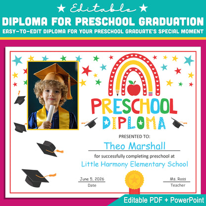 Rainbow Preschool Moving Up Diploma with Student Photo, Editable End of Year Graduation Template, PDF + PowerPoint Format, Easy Download