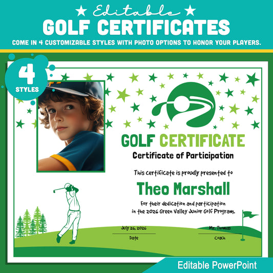 Editable Golf Certificates | 4 Styles with Photo Options | Youth Lesson Awards, Player Recognition - 8.5x11 PowerPoint Instant Download