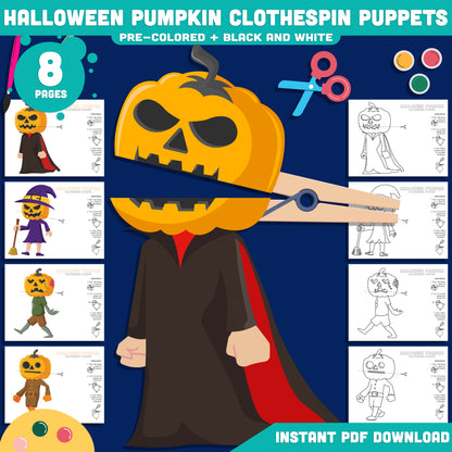 Halloween Pumpkin Clothespin Puppets, Printable Craft for Kids
